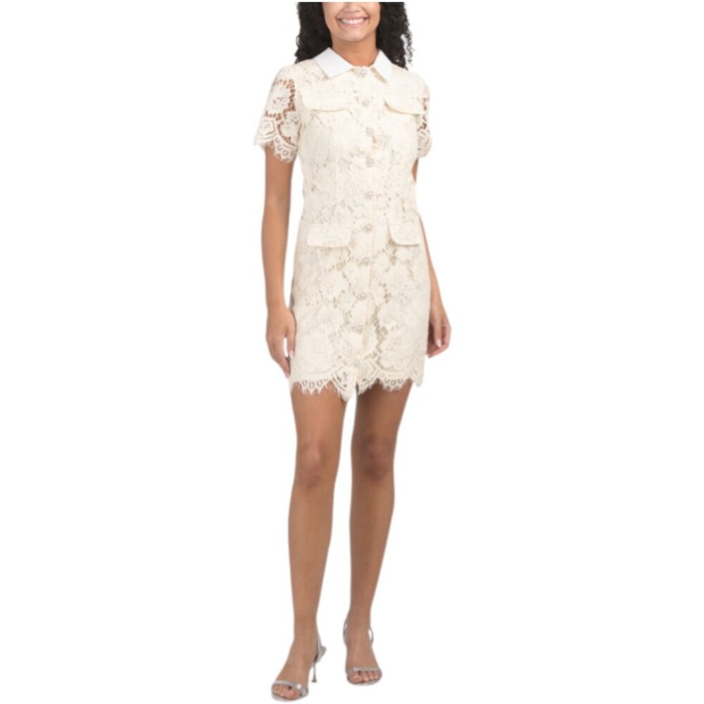 DALIA MACPHEE Short Sleeve Lace Mini Dress With Contrast Collar